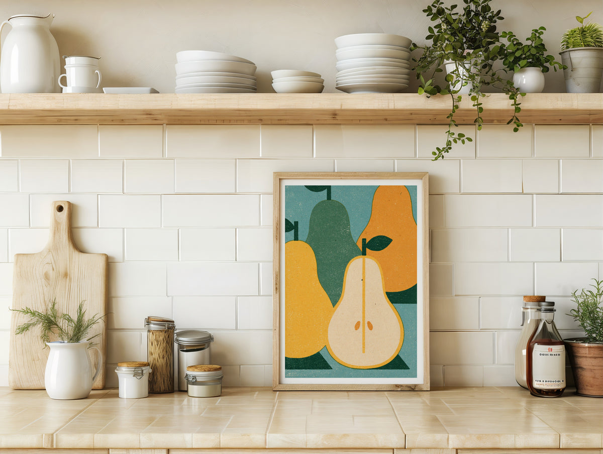 Vintage Food Poster Print | Rustic Kitchen Decor, Mid Century Pear Art, Retro Fruit Wall Art