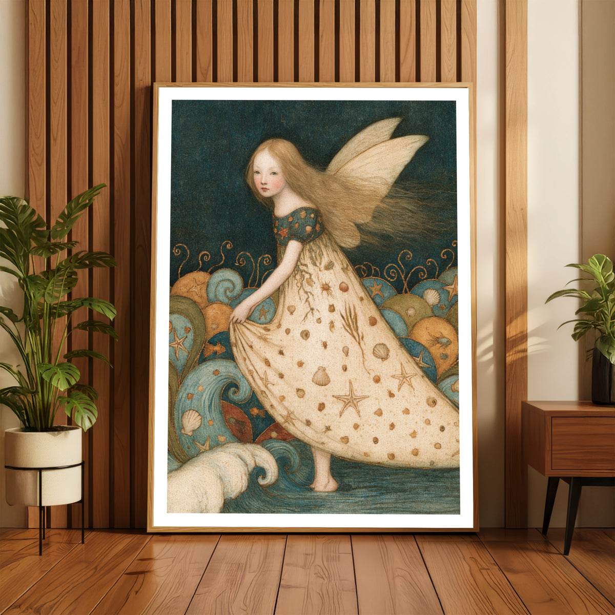 Sea Fairy Classic Inspired Print, Ocean Fairy Wall Art, Seashell Fairy Poster, Teal Folk Art