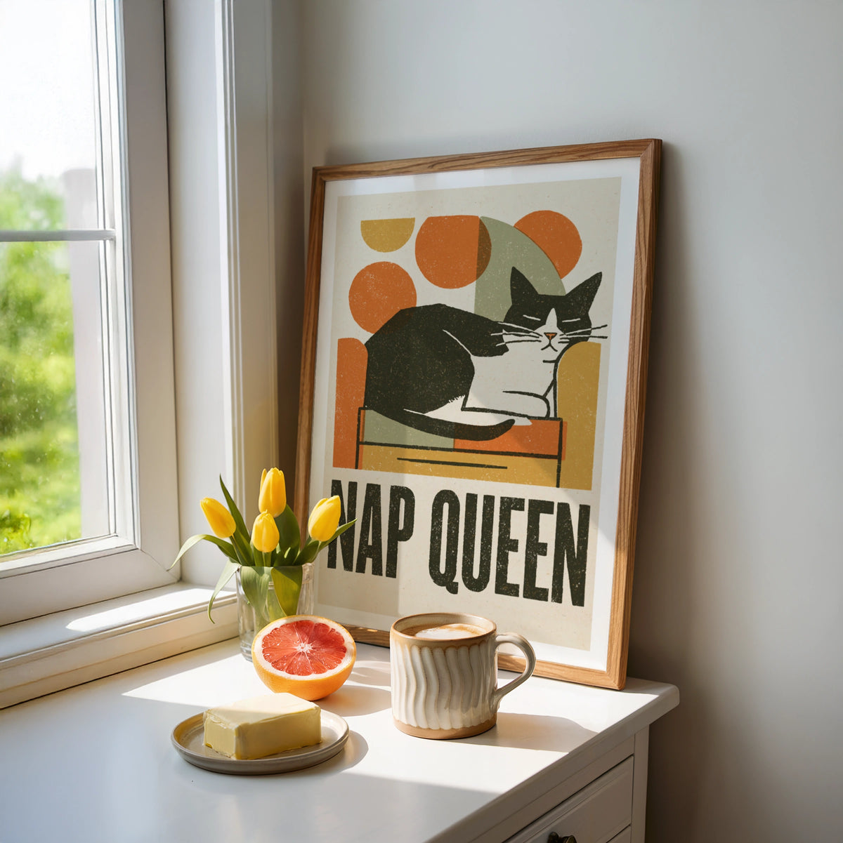 Nap Queen Cat Print, Retro Cat Wall Art, Tuxedo Cat Folk Art, Mid Century Modern Cat Decor