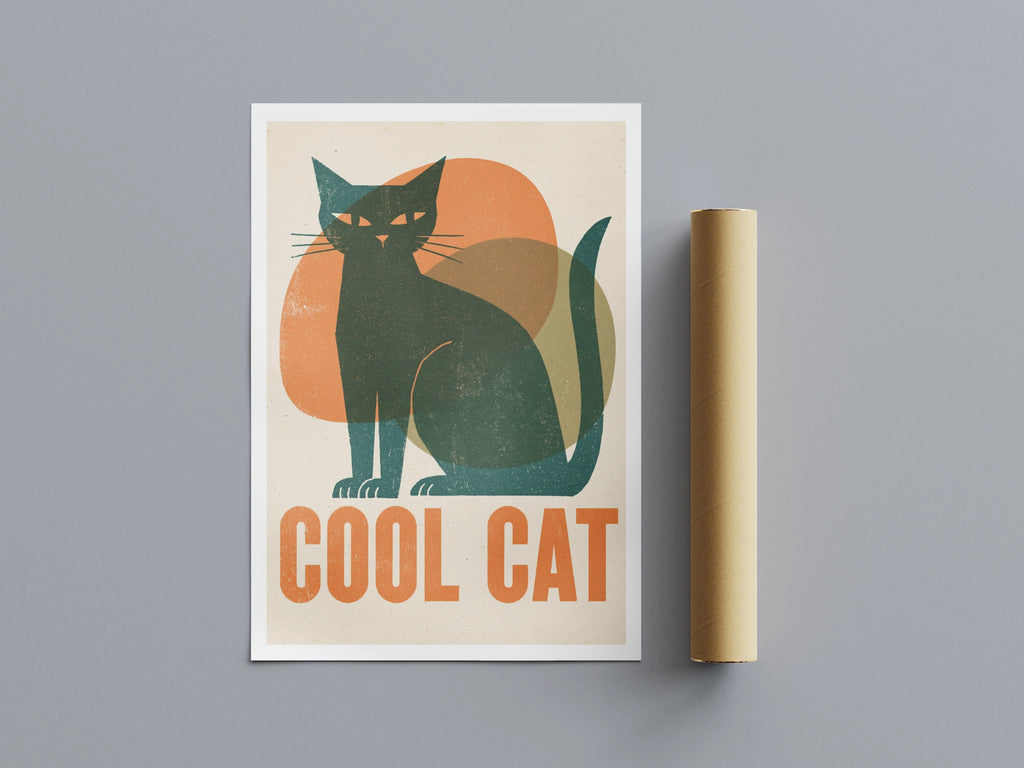 Cool Cat 1950's Retro Print, Vintage Style Black Cat Wall Art, Mid Century Folk Cat Decor