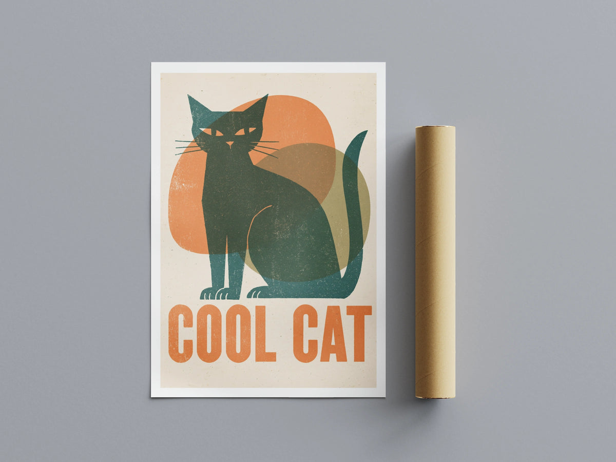 Cool Cat 1950's Retro Print, Vintage Style Black Cat Wall Art, Mid Century Folk Cat Decor