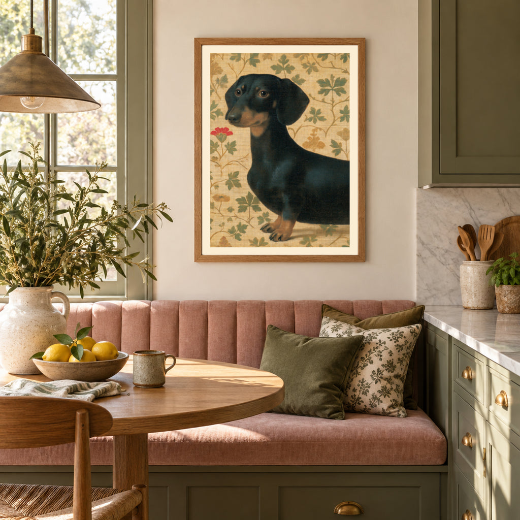 Vintage Dachshund Print, Black and Tan Sausage Dog Poster, Botanical Leaf Wallpaper, Dog Lover Wall