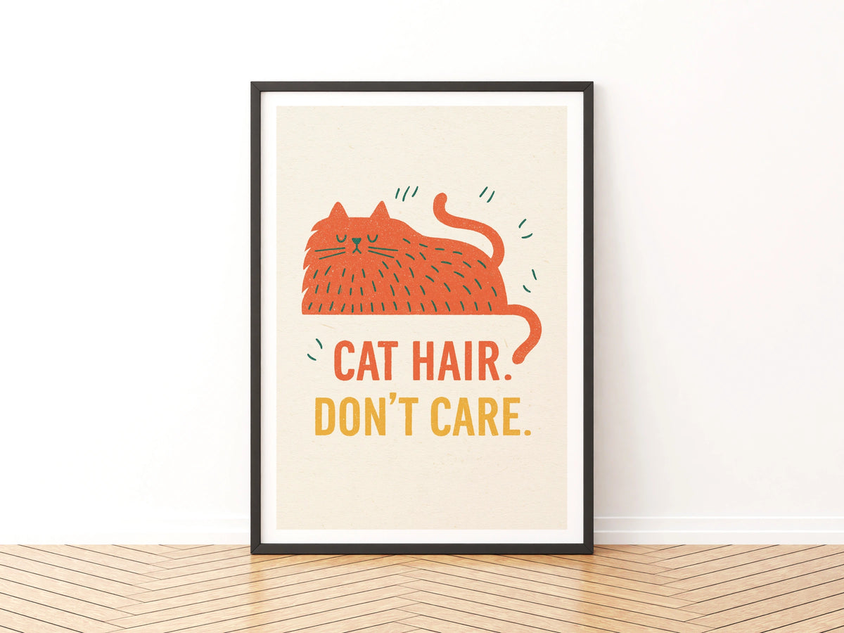 Cat Hair Don't Care Print, Funny Retro Cat Wall Art, Folk Style Ginger Cat Gift