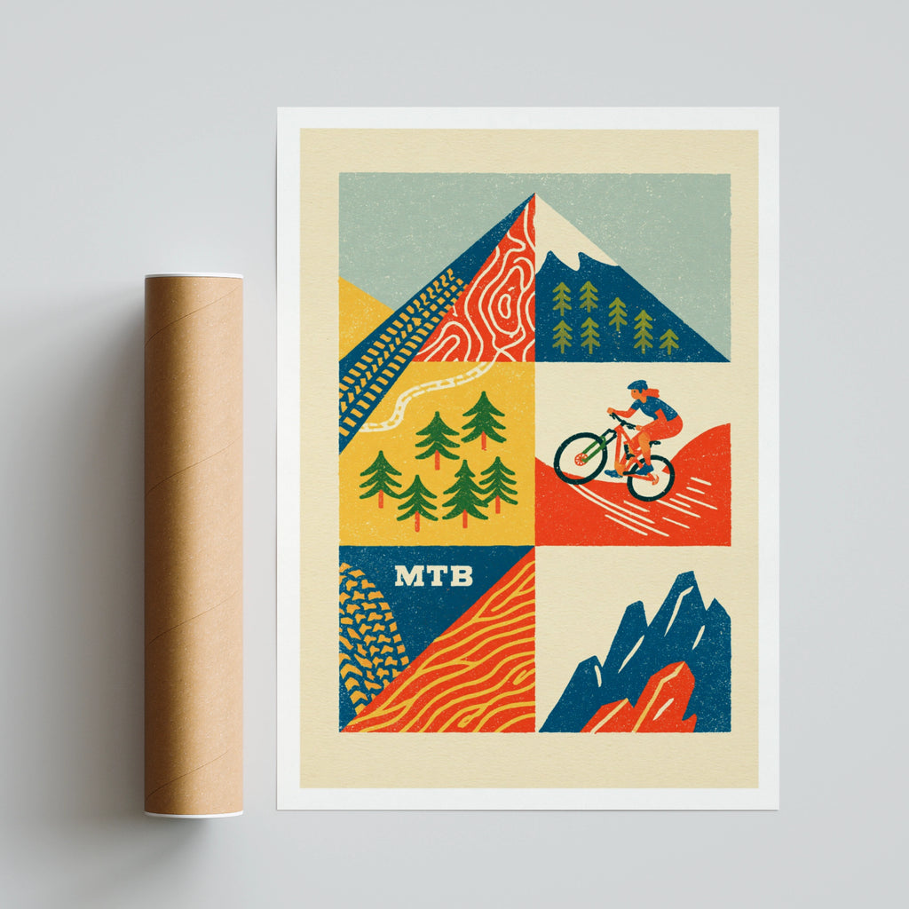 MTB Mountain Bike Retro Poster, Cycling Wall Art Print, Trail Riding Gift for Cyclists