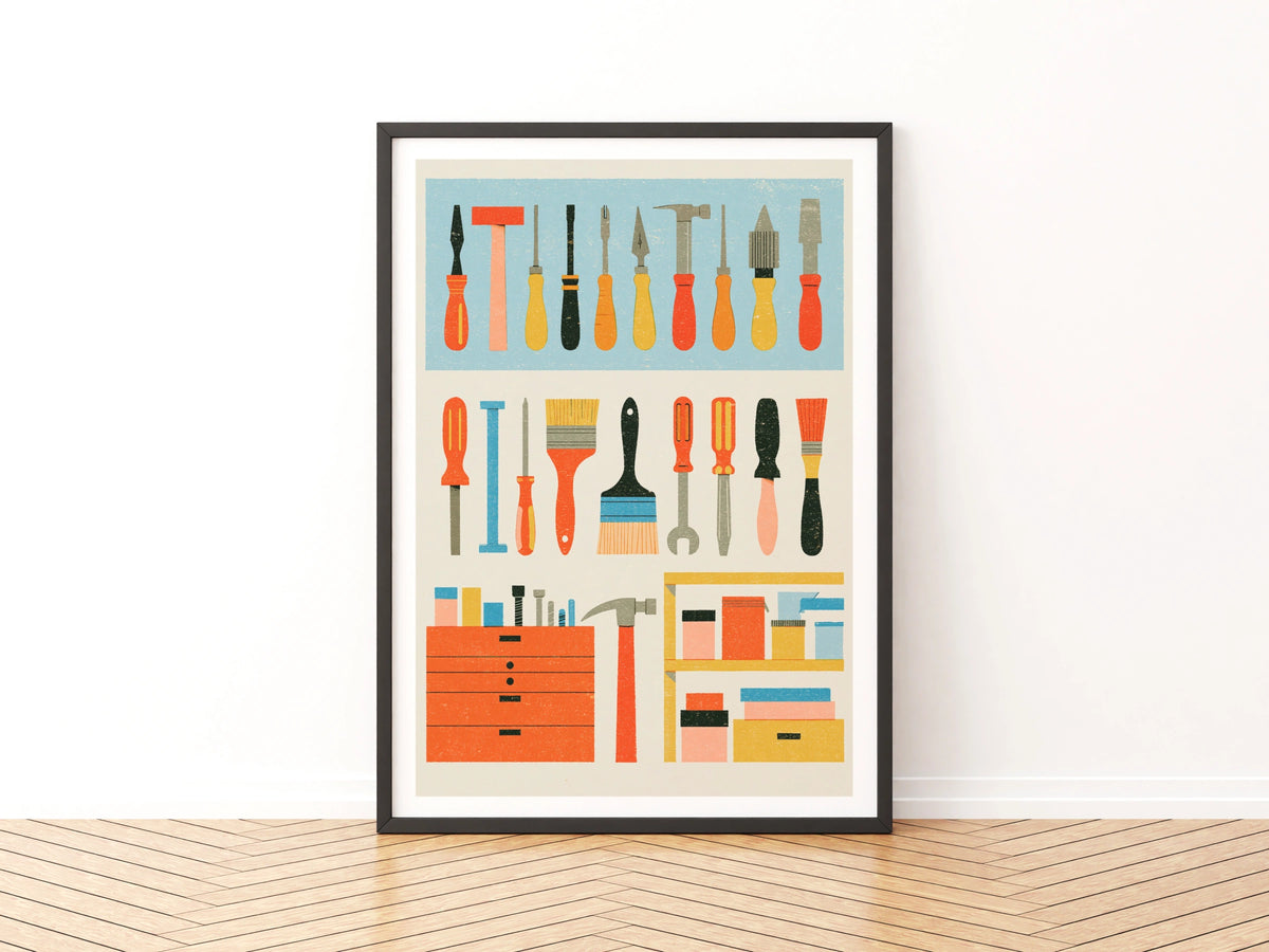 Retro Tools Poster, Workshop Wall Art, Vintage Screwdriver Hammer Print, DIY Home Decor Gift, DIY Gift