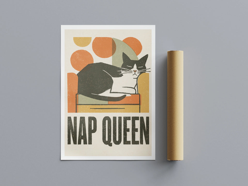Nap Queen Cat Print, Retro Cat Wall Art, Tuxedo Cat Folk Art, Mid Century Modern Cat Decor