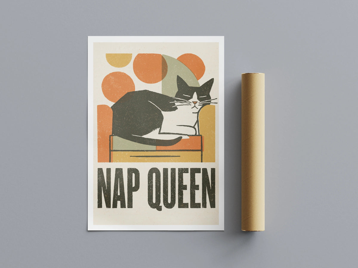 Nap Queen Cat Print, Retro Cat Wall Art, Tuxedo Cat Folk Art, Mid Century Modern Cat Decor