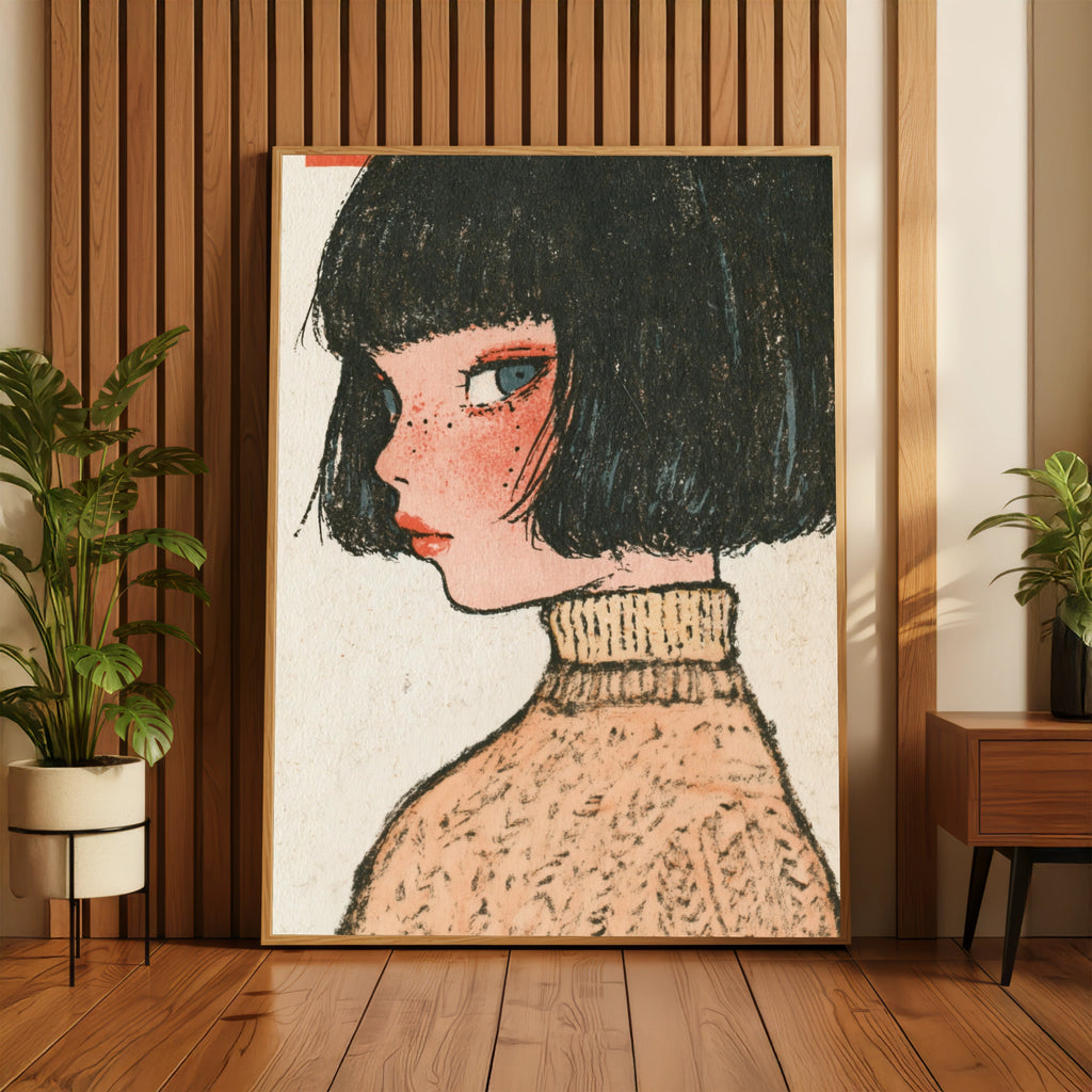 Retro Kawaii Girl Portrait Poster, Bob Hair Freckles Art Print, Vintage Illustrated Woman Wall Art