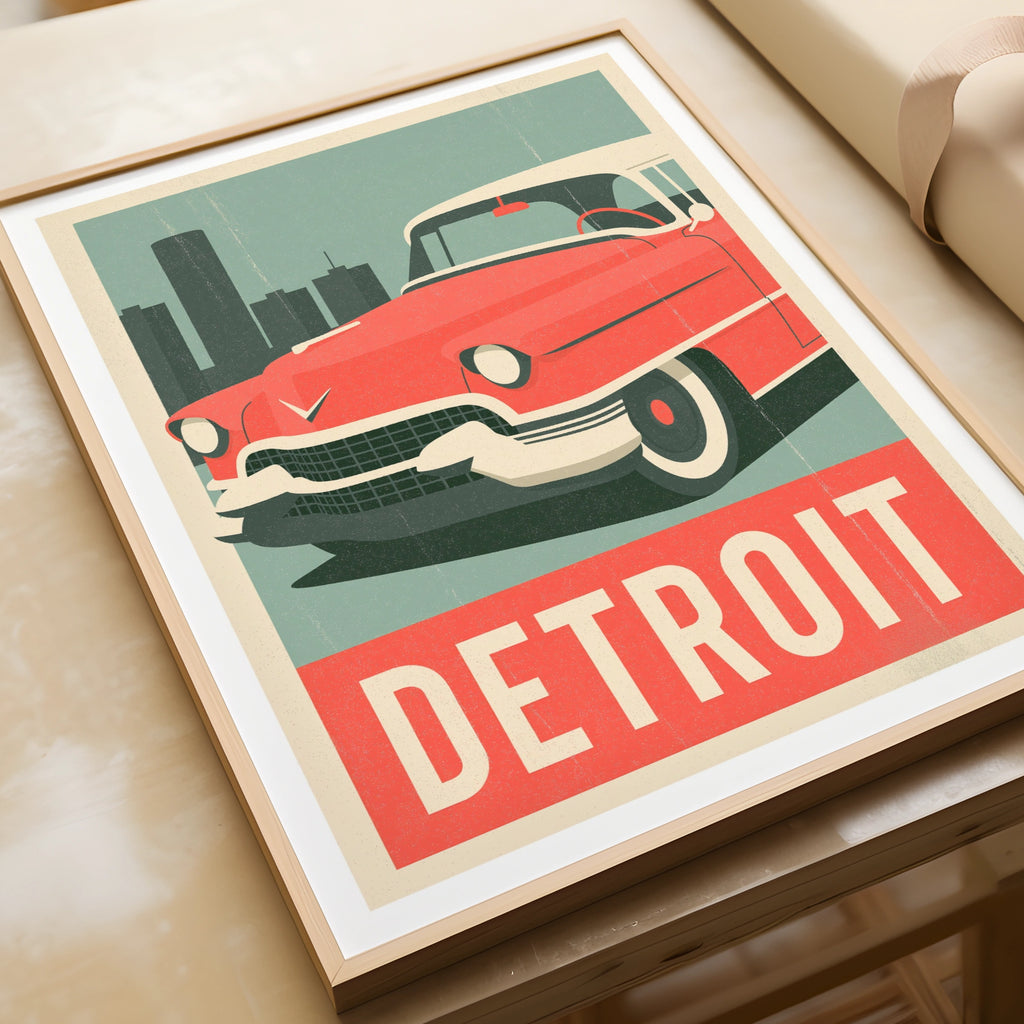 Detroit Retro Travel Poster, Classic American Car Print, USA City Wall Art Gift