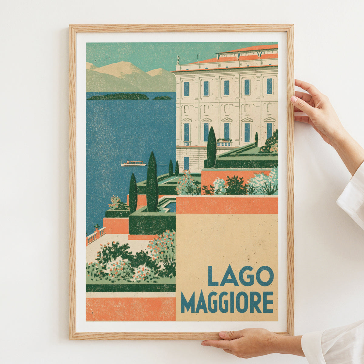 Retro Lago Maggiore Italy Print, Vintage Travel Poster, Italian Lake Wall Art, Terraced Garden Villa