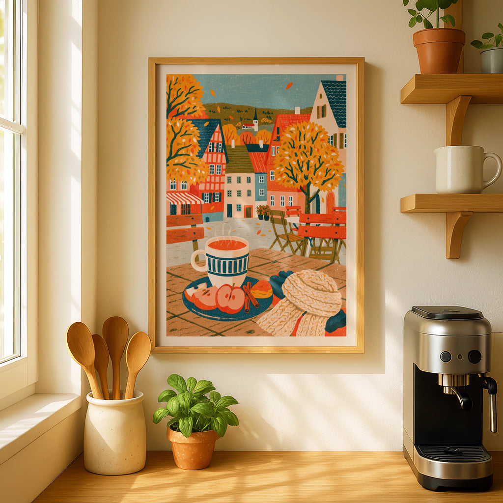 Vintage Food Poster Print, Autumn Cafe Scene, Rustic Kitchen Decor, Retro Mid Century Risograph Art