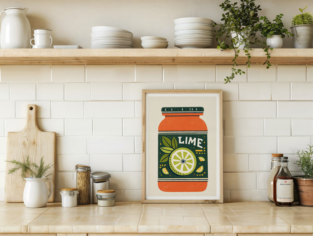 Vintage Food Poster Print | Rustic Kitchen Decor, Lime Jar Wall Art, Retro Citrus Illustration