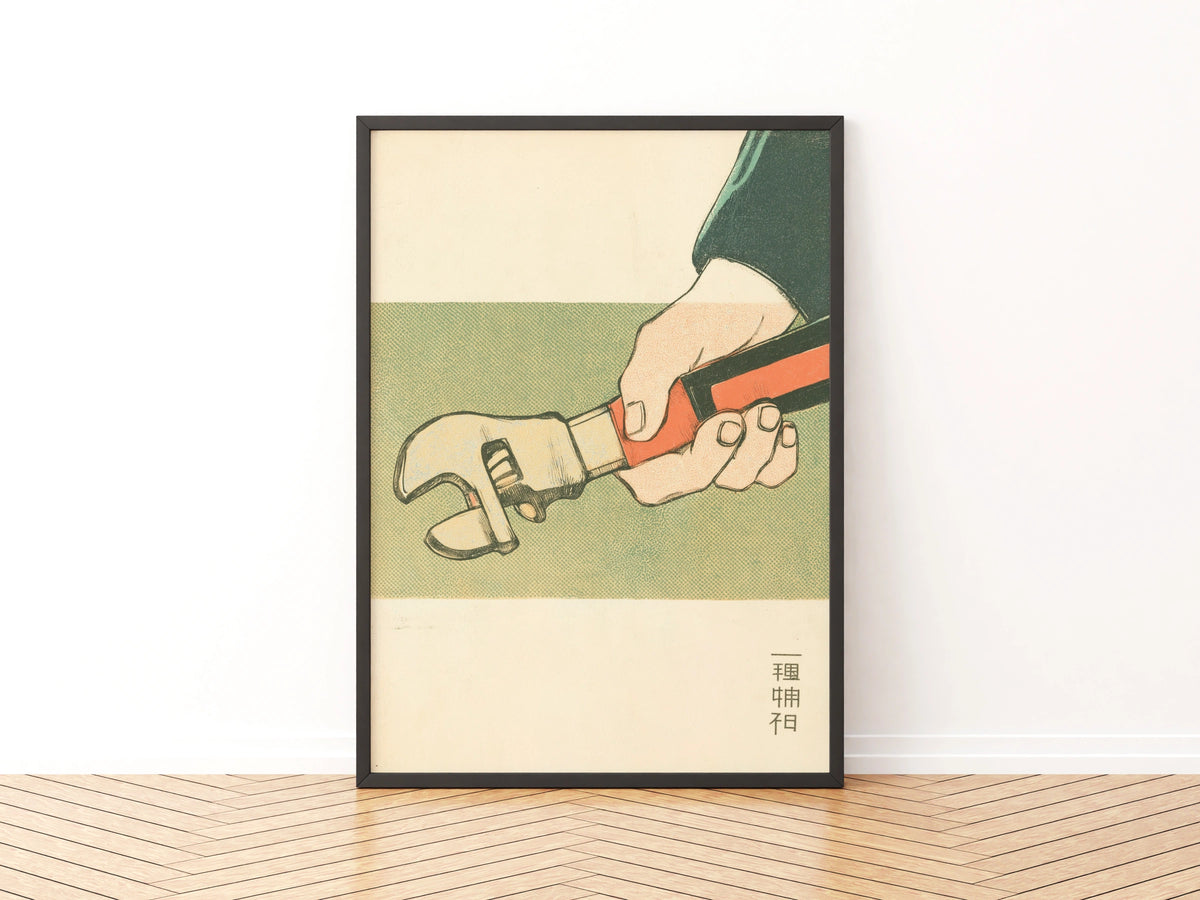 Vintage Japanese Wrench Poster, Retro Tool Wall Art Print, Mid Century Workshop Decor