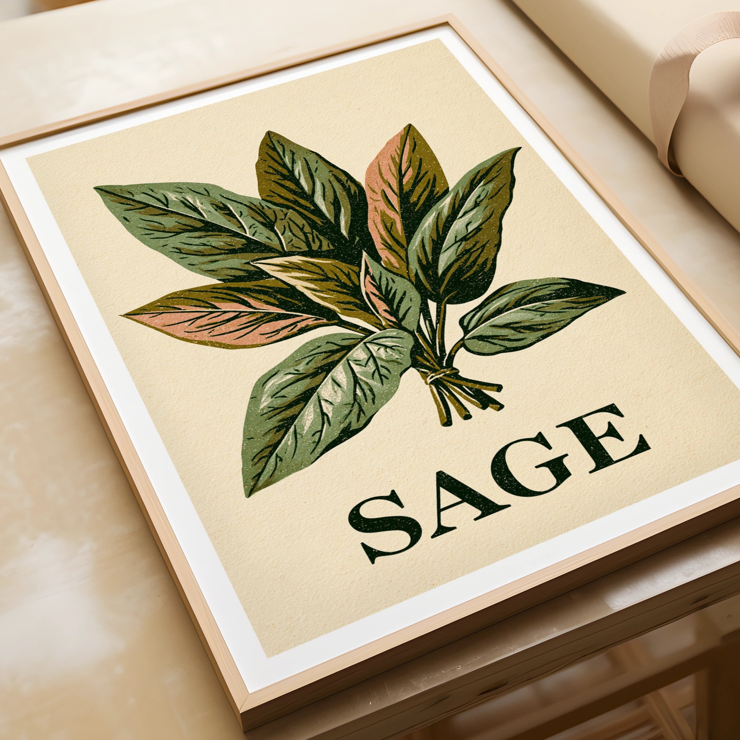 Sage Herb Vintage Food Poster Print | Rustic Kitchen Decor | Retro Mid Century Risograph Art