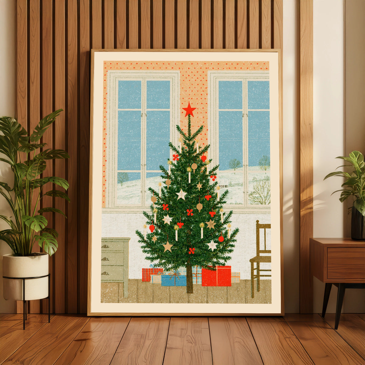 Retro Christmas Tree Poster, Vintage Festive Wall Art, Scandi Holiday Print, Cosy Xmas Decor