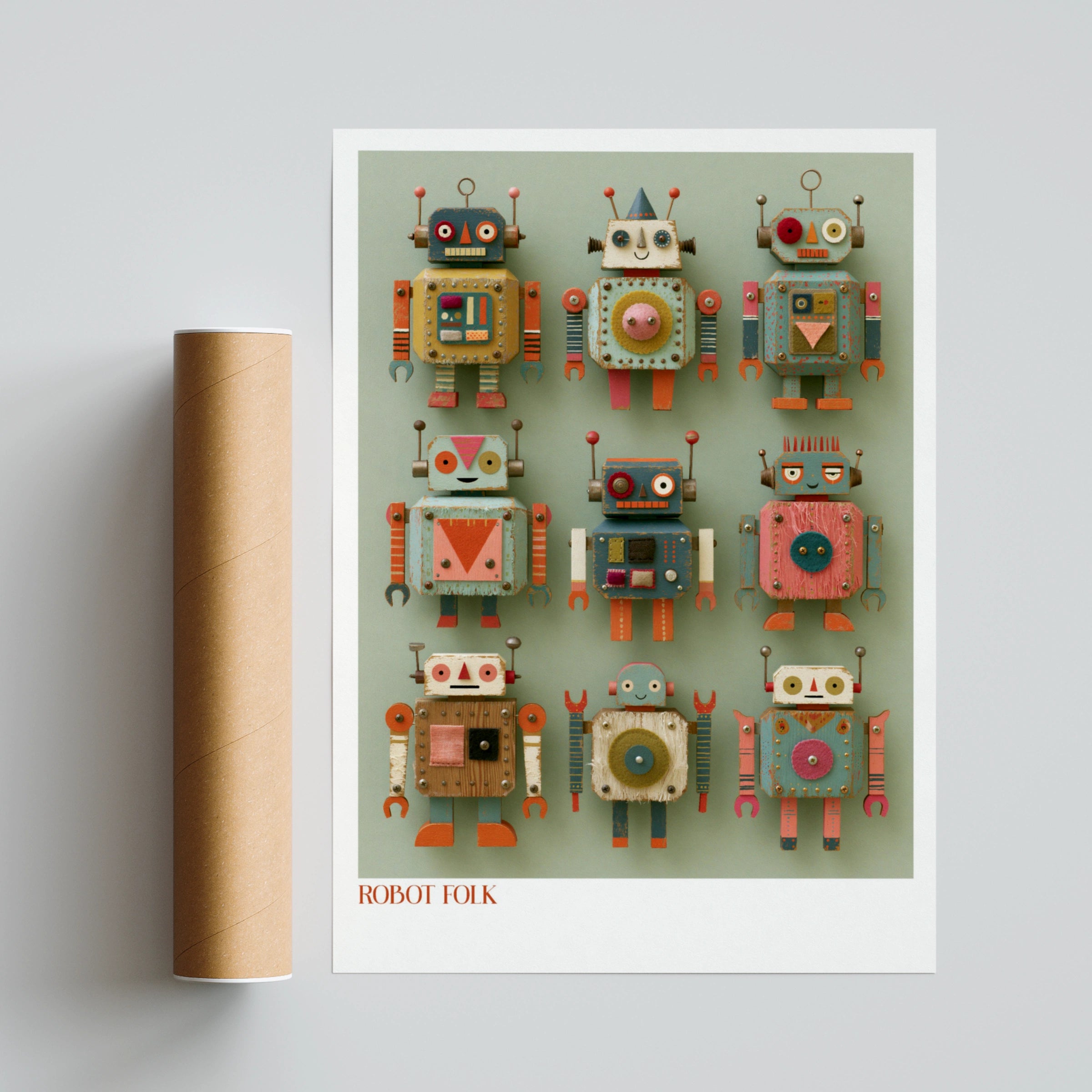 Retro Robot Folk Art Print, Children's Collectable Poster, Vintage Toy Wall Art Kids Room