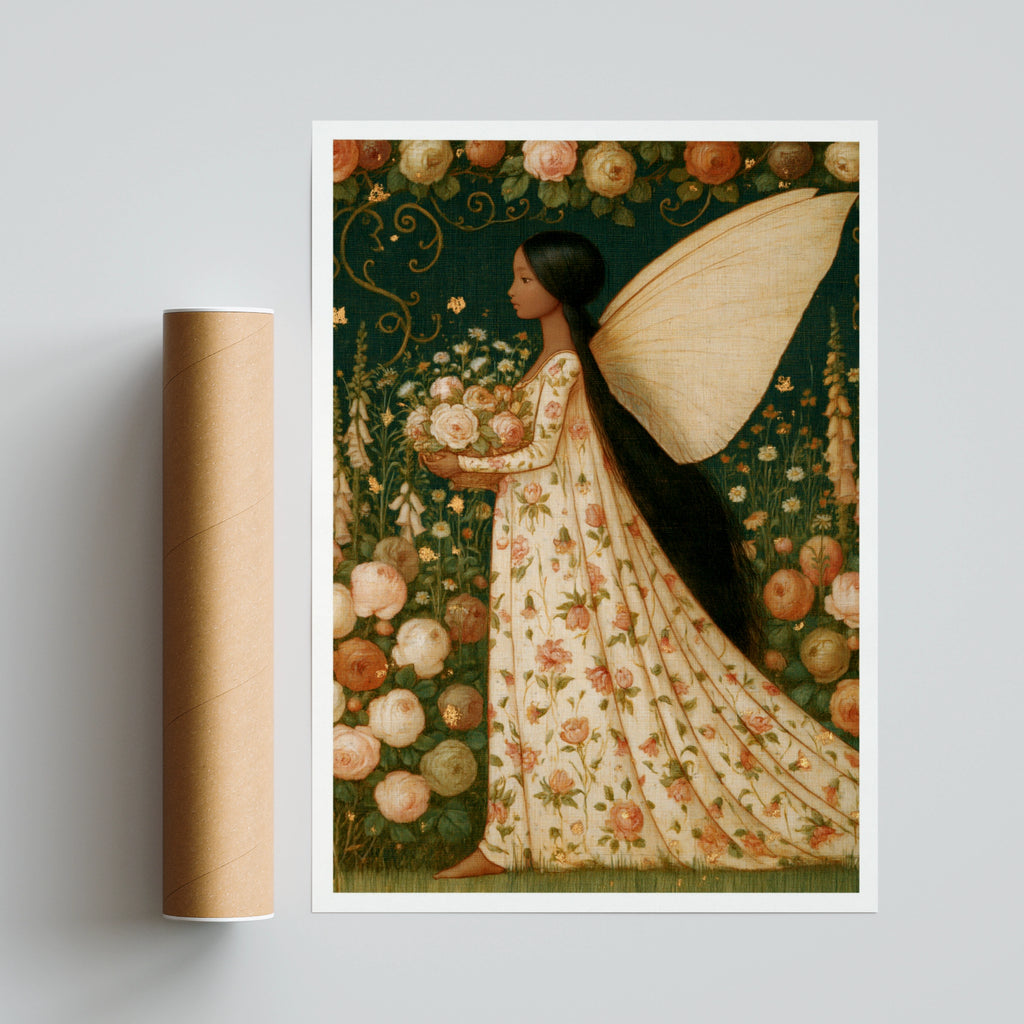 Flower Fairy Garden Classic Inspired Print, Floral Folk Art Poster, Cottagecore Wall Art, Botanical