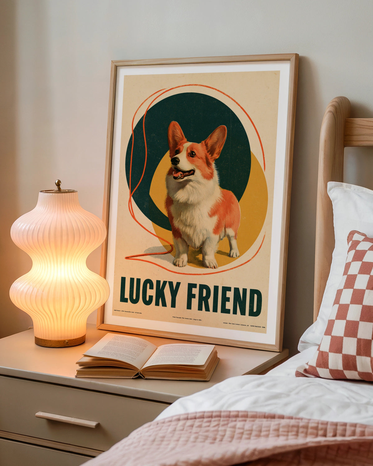 Retro Corgi Poster, Lucky Friend Dog Print, Vintage Style Pet Wall Art, Teal Gold Folk