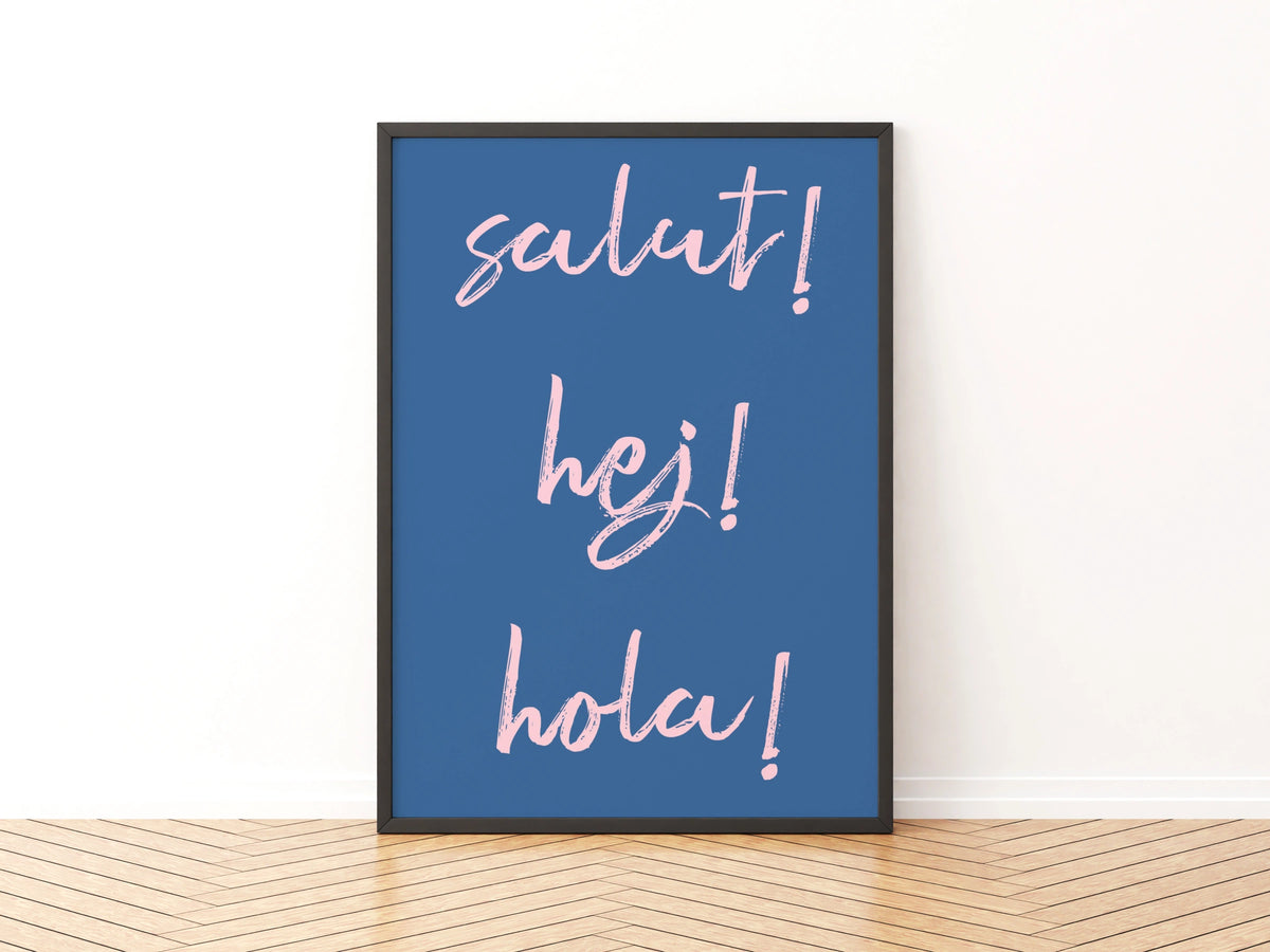 Salut Hej Hola Typography Poster, Blue Pink Fun Word Wall Art Print, Hello