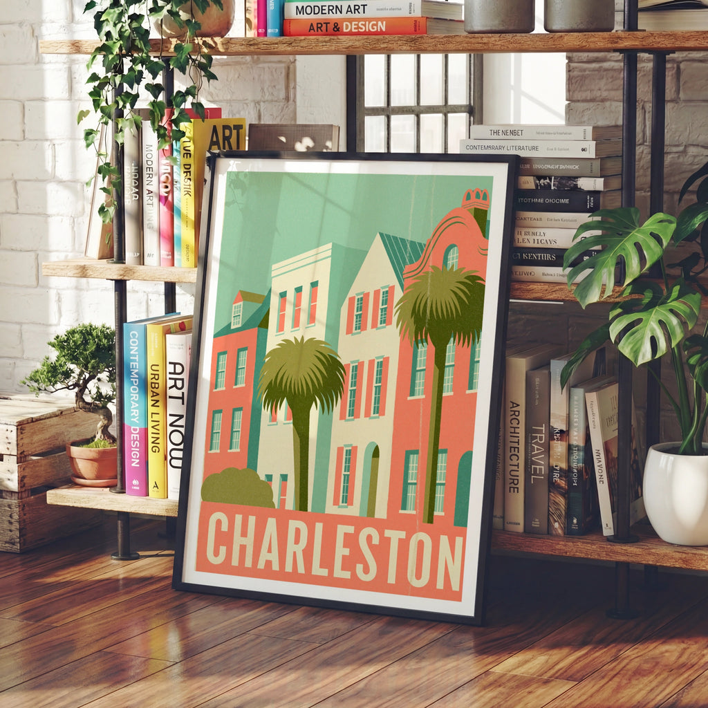 Charleston Retro Travel Poster, Rainbow Row Houses Print, South Carolina Wall Art