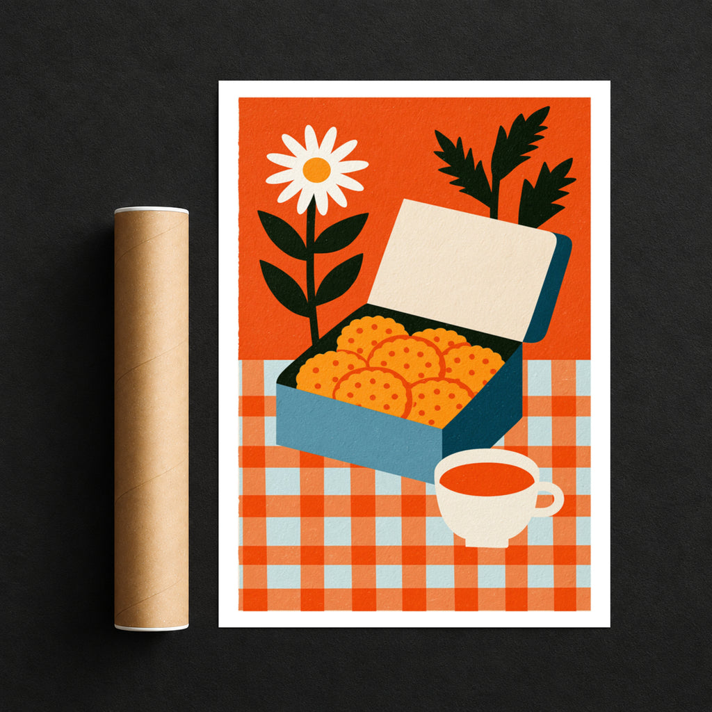 Vintage Food Poster Print, Biscuit Tin Tea Cup Art, Rustic Kitchen Decor, Retro Mid Century