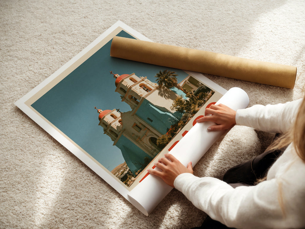 El Paso Retro Travel Poster, Texas Mission Church Print, Southwest USA Wall Art