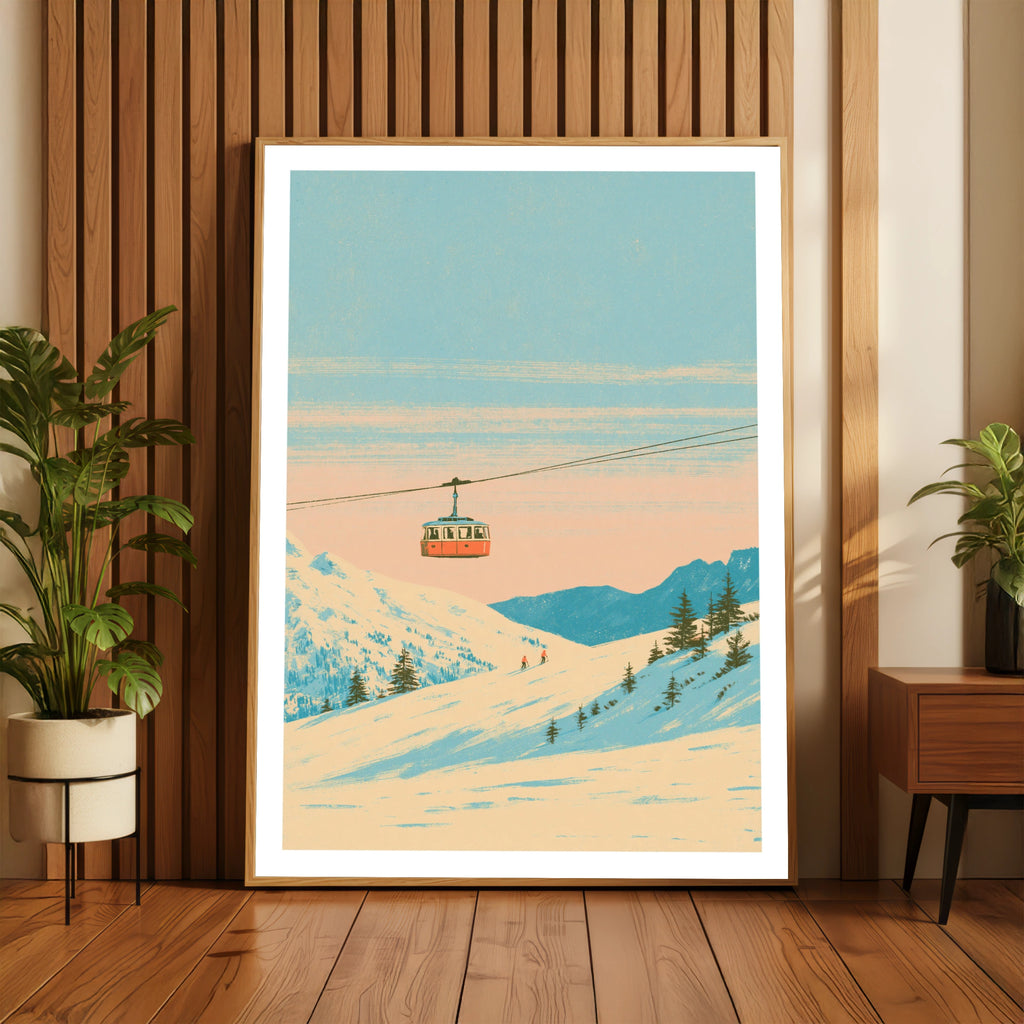 Retro Ski Cable Car Poster, Alpine Snow Mountain Print, Vintage Skiing Wall Art