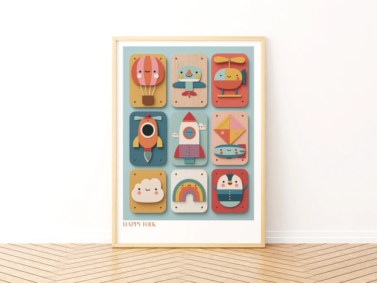 Retro Kids Transport Print, Happy Folk Nursery Wall Art, Children's Collectable Poster