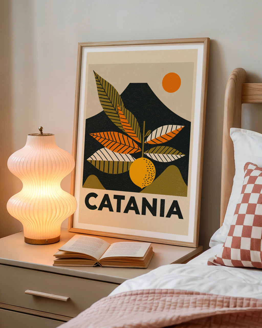 Catania Retro Travel Poster, Sicily Italy Print, Vintage Travel Wall Art, Citrus Orange Etna