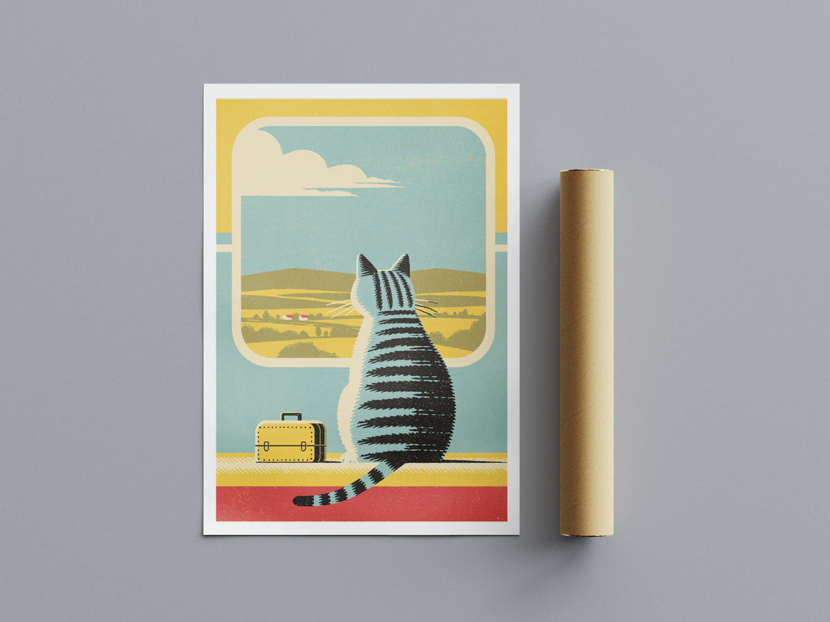 Retro Cat Train Travel Print, Tabby Cat Wall Art, Vintage Folk Style Animal Art, Cat Lover Gift