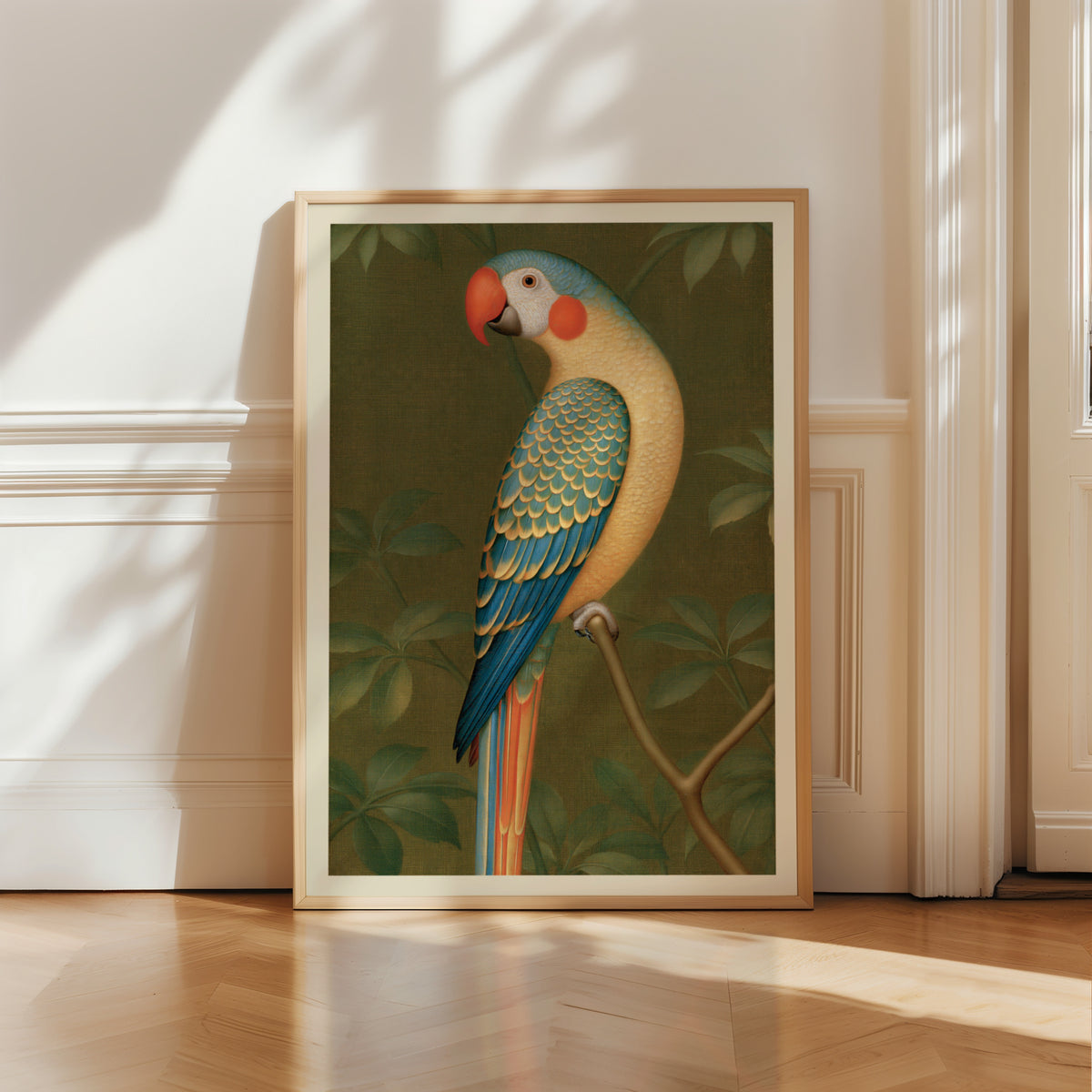 Vintage Parrot Poster, Classic Inspired Prints, Tropical Bird Wall Art, Olive Green Botanical Decor