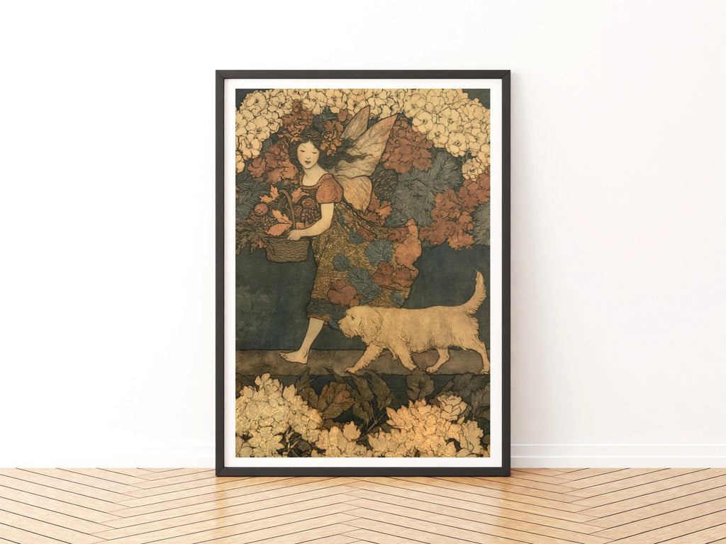 Fairy Girl with Dog Classic Inspired Print, Floral Folk Art Poster, Vintage Botanical Wall Art