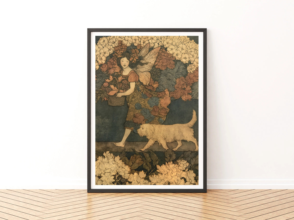 Fairy Girl with Dog Classic Inspired Print, Floral Folk Art Poster, Vintage Botanical Wall Art