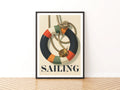 Retro Sailing Poster, Nautical Life Ring Compass Print, Vintage Navy Wall Art