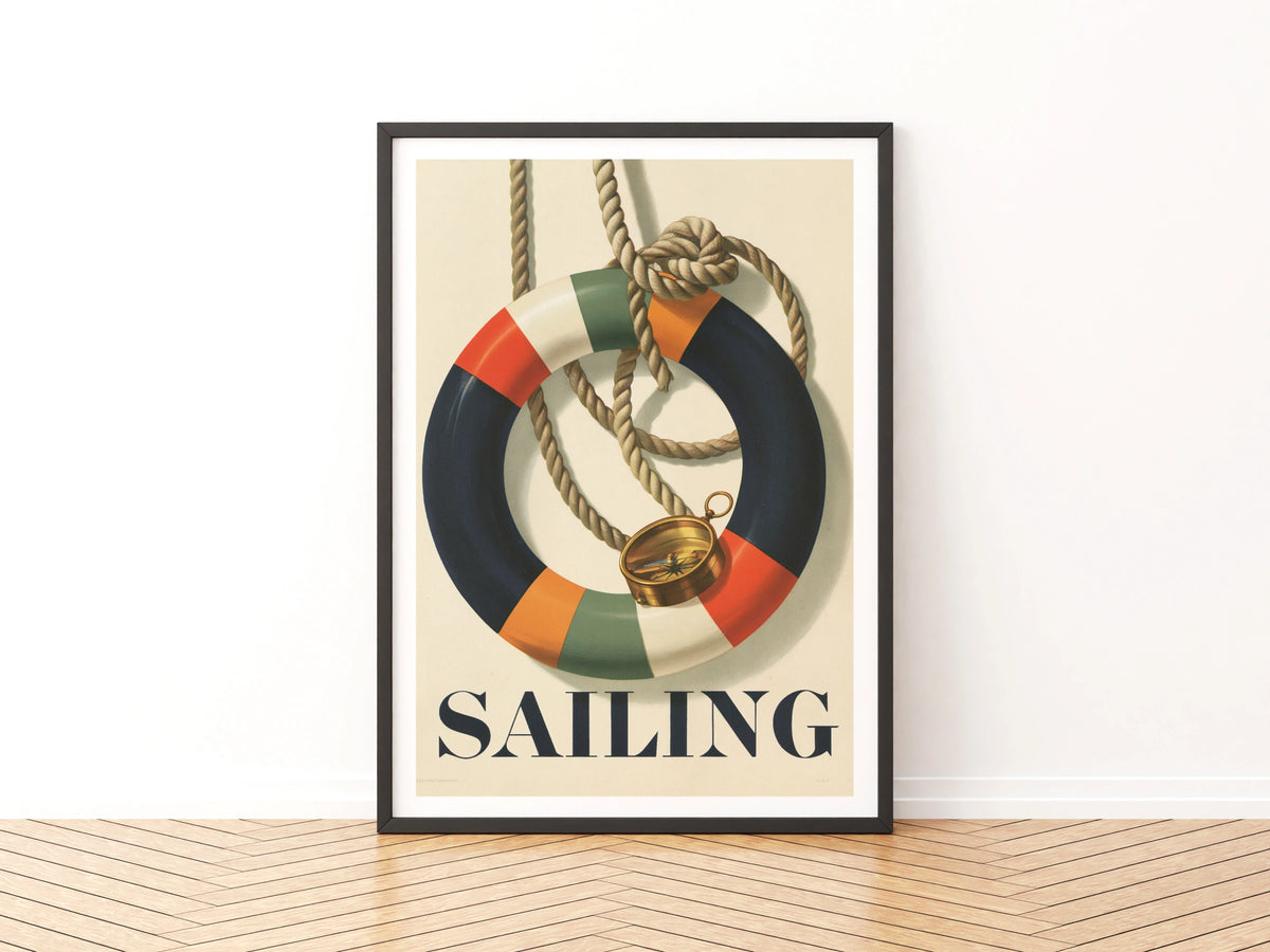 Retro Sailing Poster, Nautical Life Ring Compass Print, Vintage Navy Wall Art