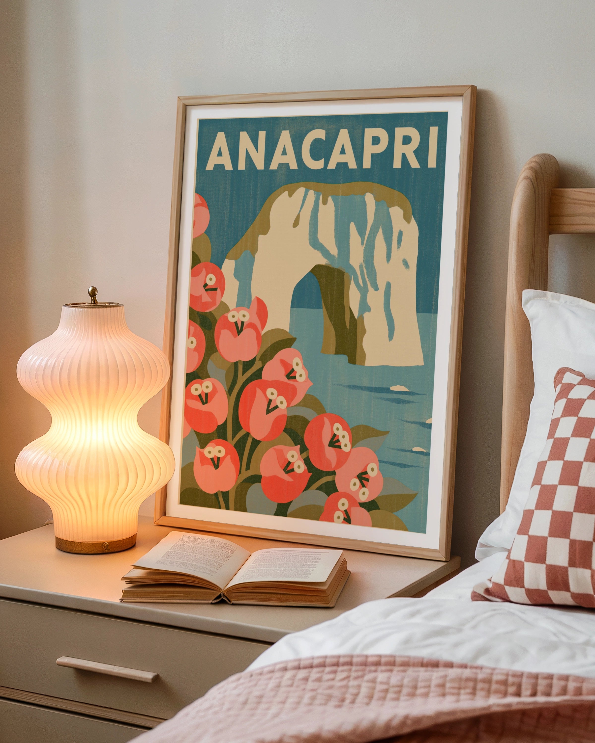 Anacapri Vintage Travel Poster, Capri Island Italy Wall Art, Retro Floral Print