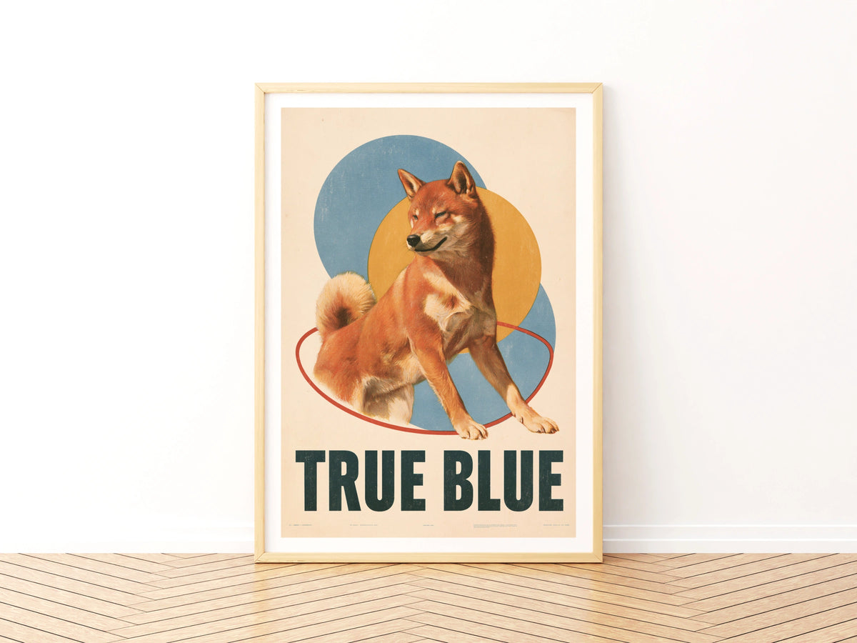 Shiba Inu Retro Dog Print, True Blue Folk Poster, Vintage Style Wall Art