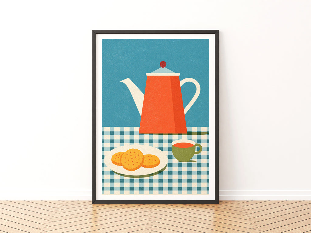 Vintage Food Poster Print, Tea and Biscuits, Rustic Kitchen Decor, Retro Mid Century Risograph Art