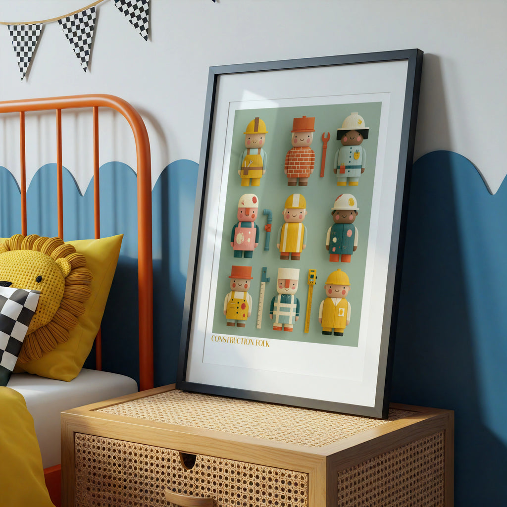 Construction Folk Kids Wall Art, Retro Wooden Toy Characters Print, Children's Bedroom Poster