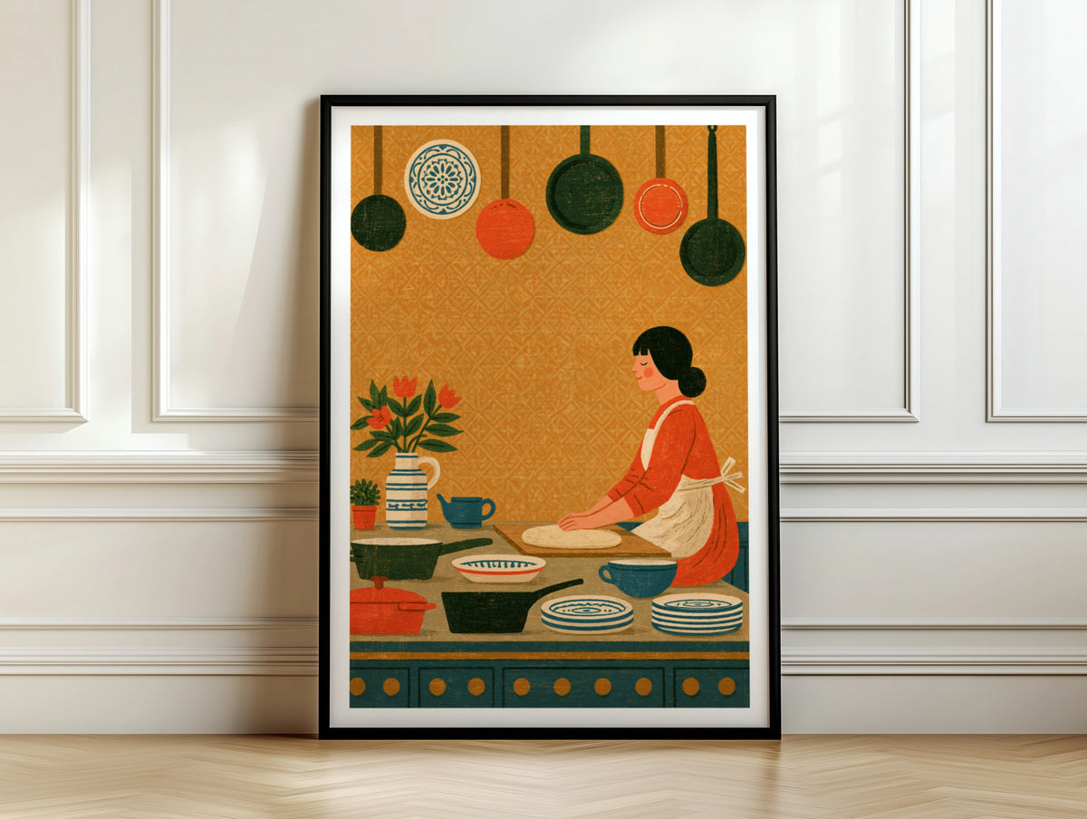 Vintage Kitchen Poster, Woman Cooking Wall Art, Retro Home Baking Print, Cosy Kitchen Decor