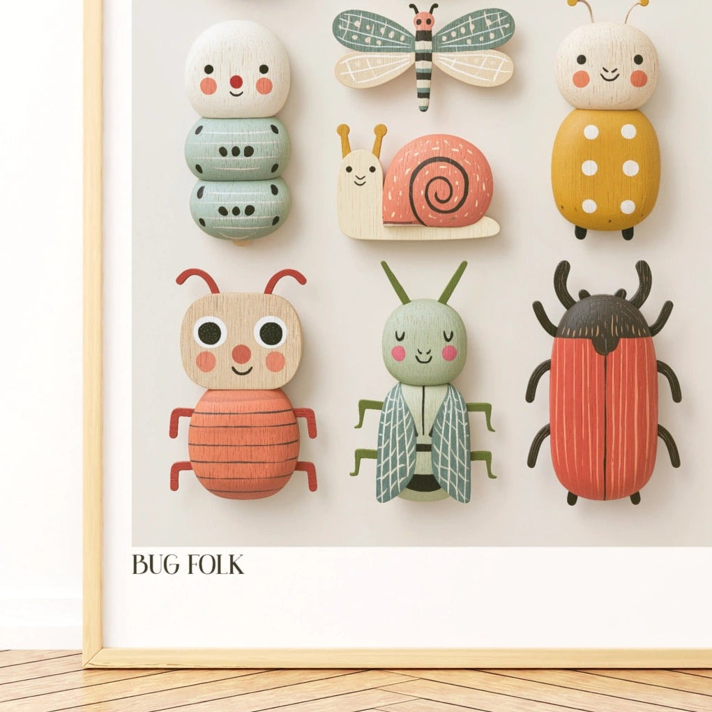 Bug Folk Kids Wall Art, Retro Wooden Toy Insect Print, Children's Collectable Poster