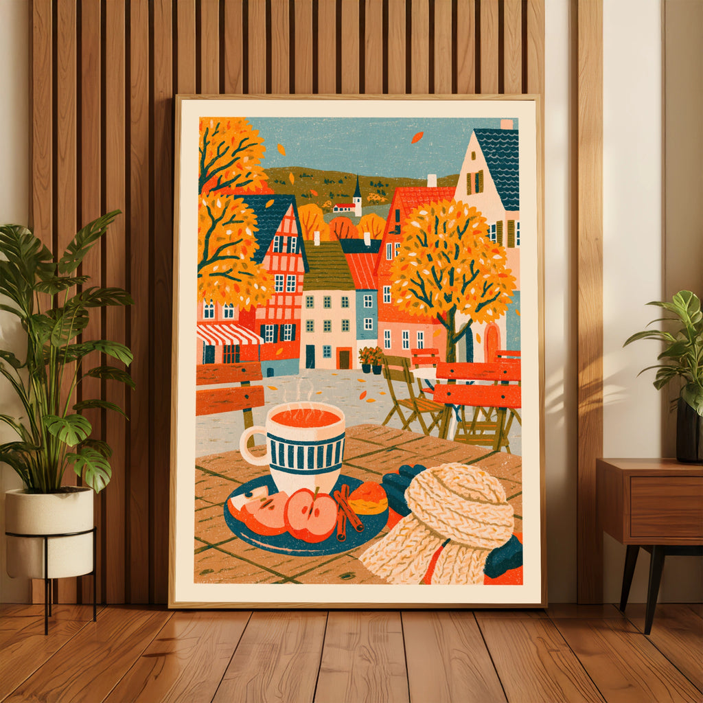 Vintage Food Poster Print, Autumn Cafe Scene, Rustic Kitchen Decor, Retro Mid Century Risograph Art
