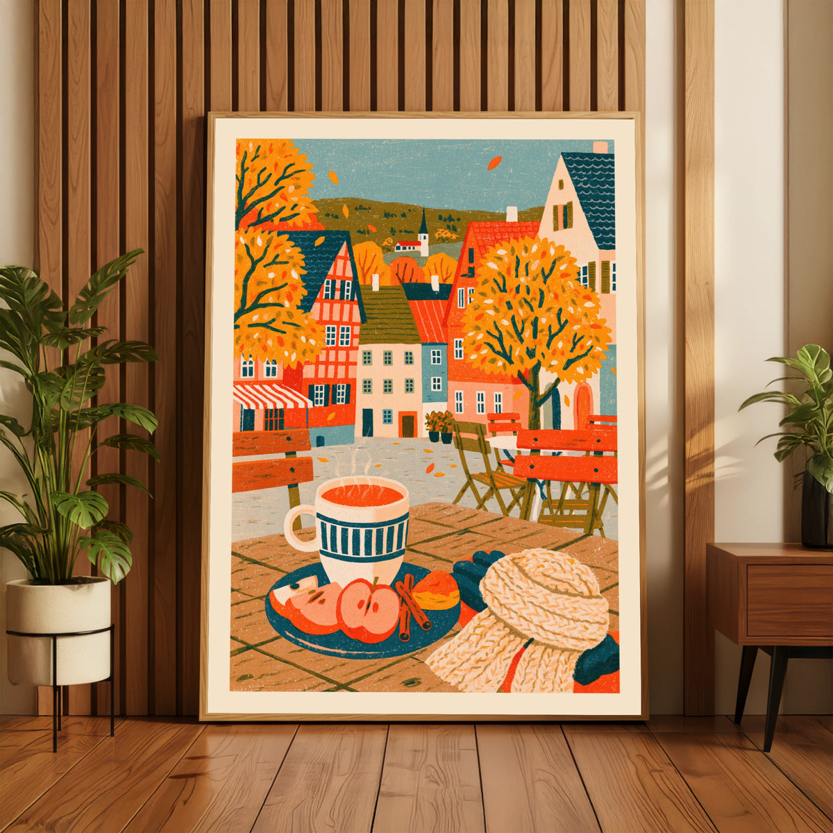 Vintage Food Poster Print, Autumn Cafe Scene, Rustic Kitchen Decor, Retro Mid Century Risograph Art