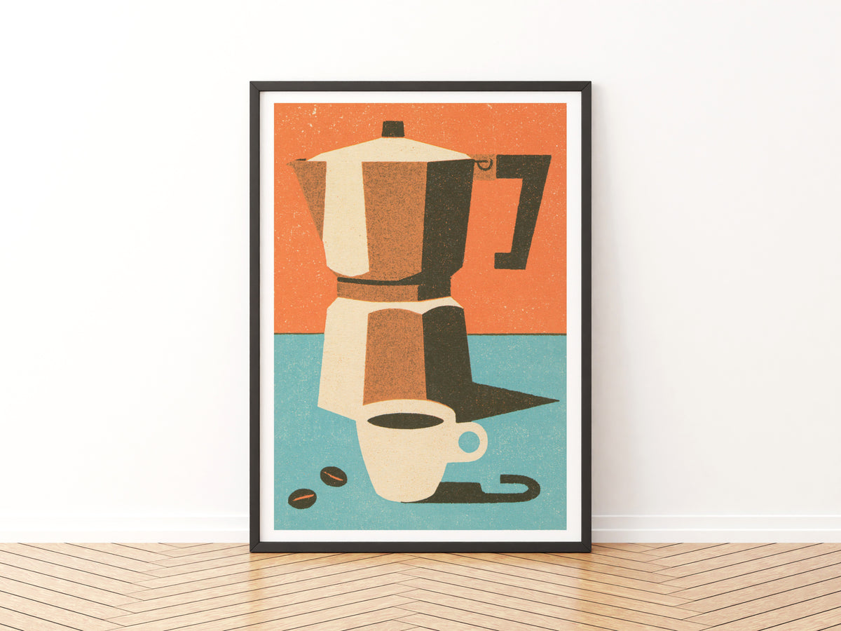 Vintage Food Poster Print | Rustic Kitchen Decor, Moka Pot Coffee Art, Mid Century Retro Wall Art