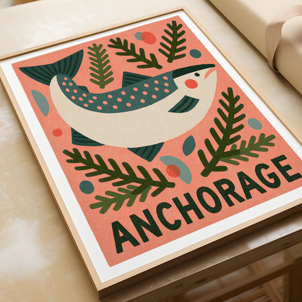 Anchorage Alaska Retro Travel Poster, Salmon Fish Print, Vintage National Park Wall Art