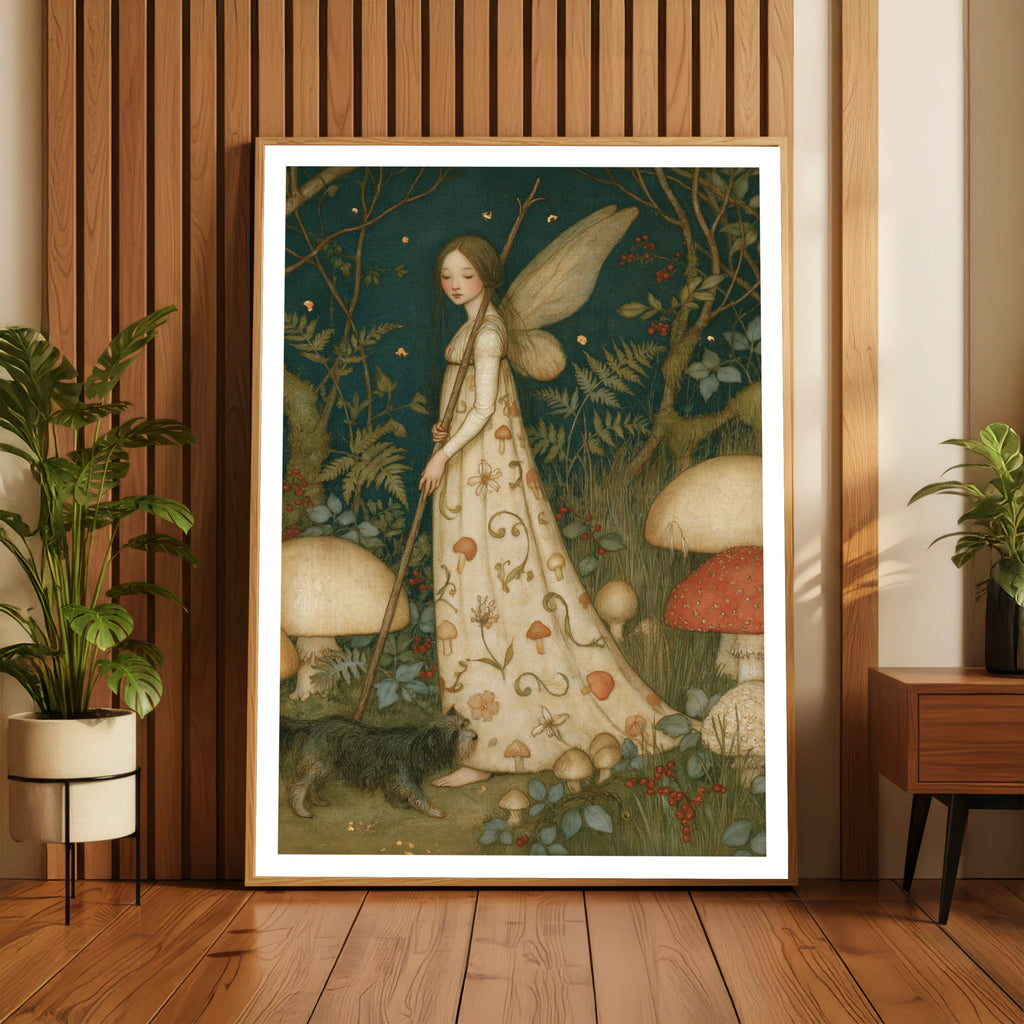 Mushroom Fairy Forest Print, Classic Inspired Botanical Folk Art Poster, Cottagecore Wall Art