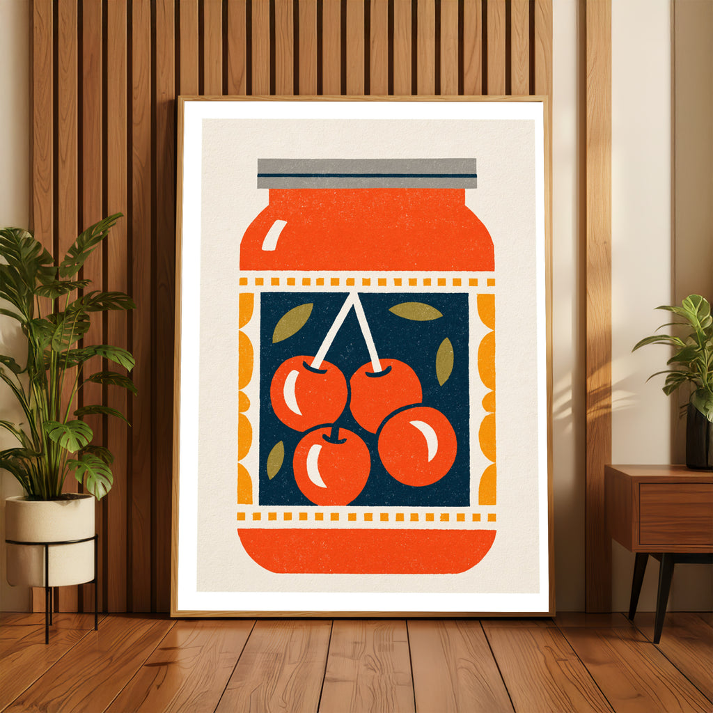 Vintage Food Poster Print, Cherry Jam Jar, Rustic Kitchen Decor, Retro Mid Century Risograph Art