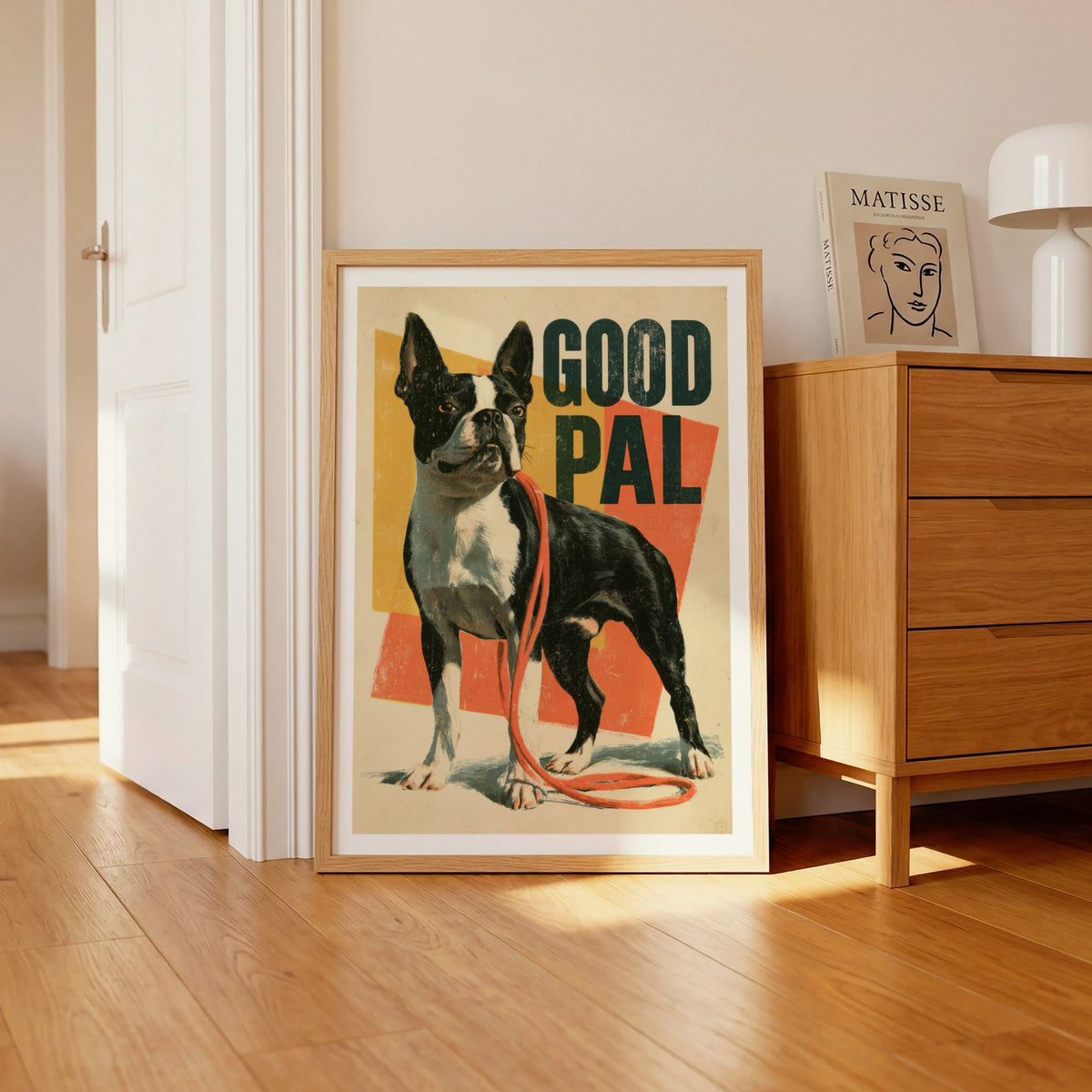 Boston Terrier Retro Dog Print, Good Pal Vintage Poster, Folk Wall Art Gift