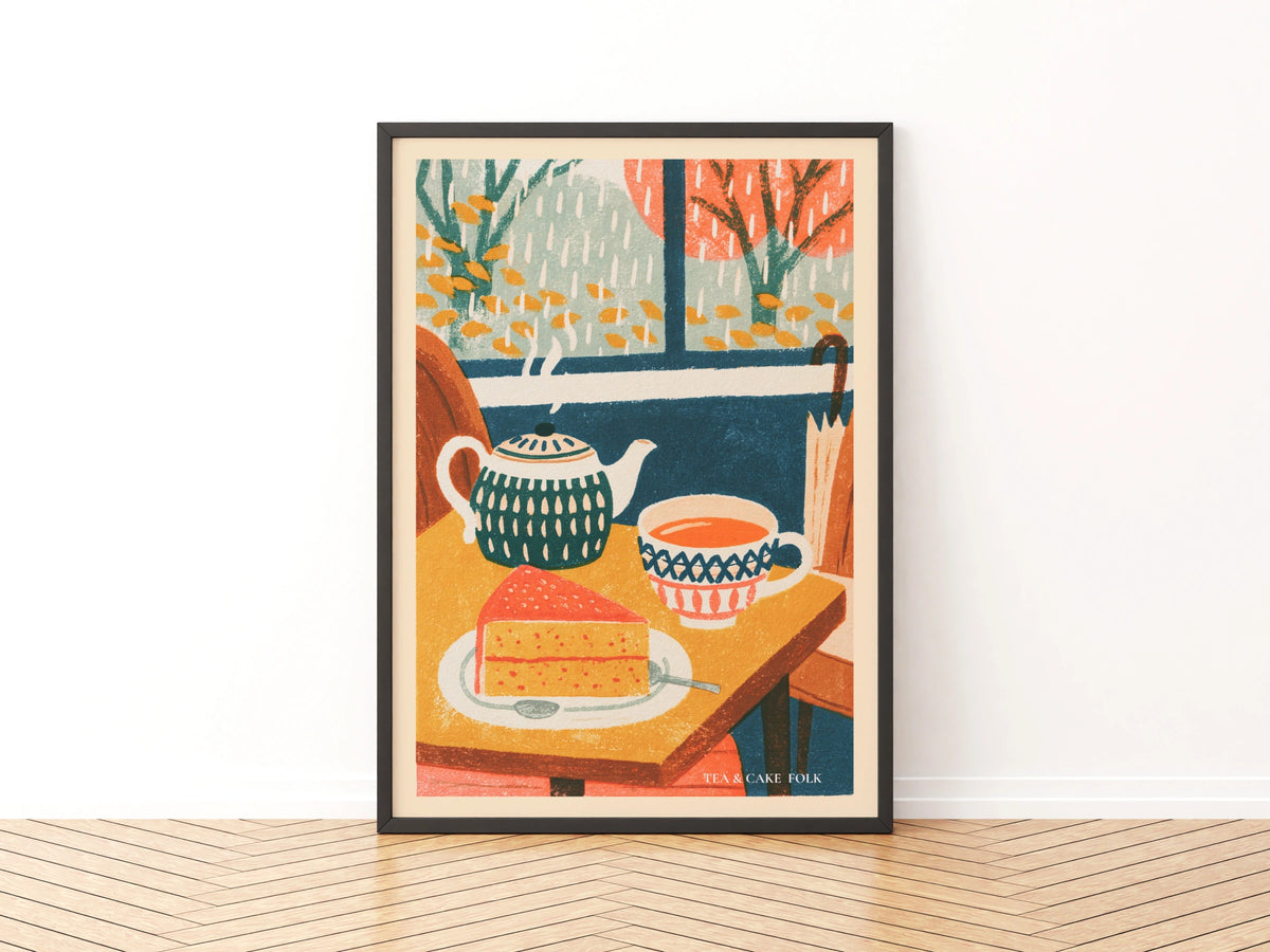 Vintage Food Poster Print, Tea and Cake Cafe Art, Rustic Kitchen Decor, Retro Mid Century Risograph