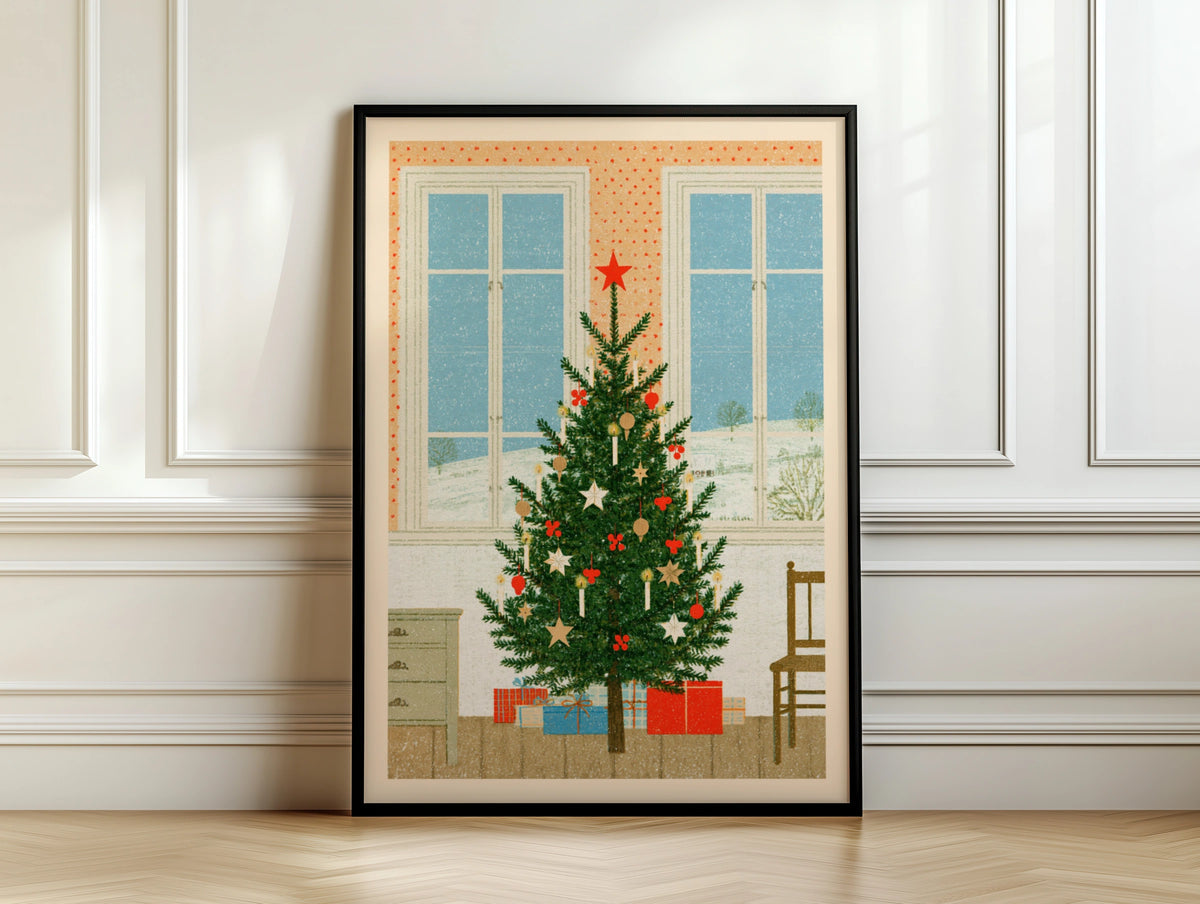 Retro Christmas Tree Poster, Vintage Festive Wall Art, Scandi Holiday Print, Cosy Xmas Decor